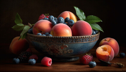 Juicy berry fruit bowl on rustic wood table for healthy eating generated by AI