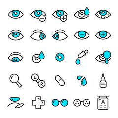 Ophthalmology line icons set. Vision test, choice of glasses, flat icons collection for laser vision correction. Oculist consultation. Vector illustration