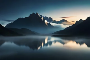 Poster Mistige ochtendstond sunrise over the lake