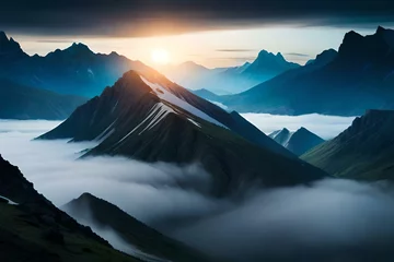 Abwaschbare Fototapete Morgen mit Nebel sunrise in the mountains