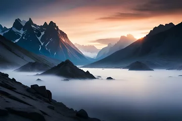 Tableaux ronds sur aluminium Matin avec brouillard sunrise in the mountains