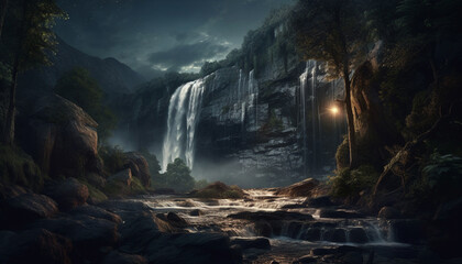 Tranquil scene of majestic mountain range, flowing water and green grass generated by AI