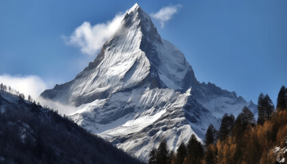 Obraz premium Majestic snowcapped mountain peak in tranquil, idyllic wilderness area generated by AI
