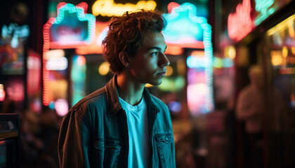 Obraz premium Young adults walking in the city nightlife, illuminated by street lights generated by AI