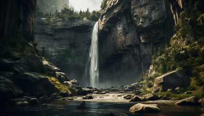 Tranquil scene of majestic mountain range with flowing water and green foliage generated by AI
