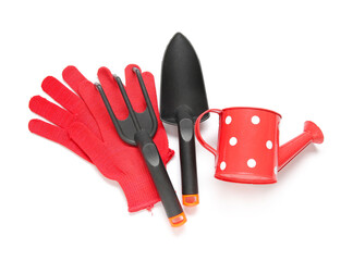Different gardening tools on white background