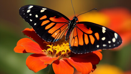 Fototapeta premium Vibrant butterfly pollinates yellow flower in tranquil tropical scene generated by AI