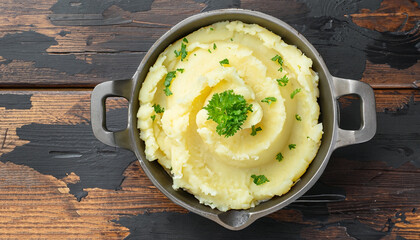 Mashed potatoes or boiled puree with parsley in cast iron pot on dark wooden rustic background. top view
