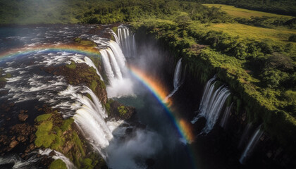 Fototapeta premium Majestic mountain range, flowing water, rainbow, idyllic sunset beauty generated by AI