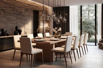 Fototapeta na wymiar Bright spacious dining room with wooden big table. ai generative