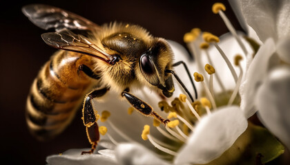 Busy honey bee pollinating a yellow flower in selective focus generated by AI