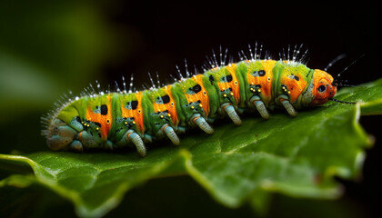Crawling caterpillar eating green plant, striped larva transforms into butterfly generated by AI