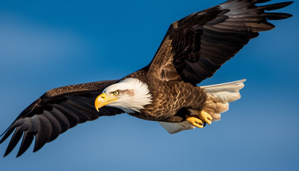 Obraz premium Bald eagle flying with spread wings, majestic hunter in motion generated by AI