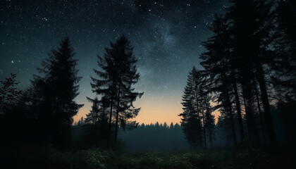 Silhouette of pine tree in starlit forest under Milky Way generated by AI