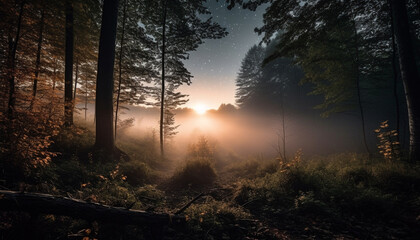 Tranquil forest landscape, mysterious beauty in nature at dawn generated by AI
