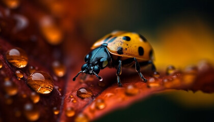 Vibrant ladybug crawls on wet leaf, magnified in close up generated by AI