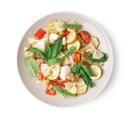 Plate of tasty pasta salad with peas and basil on white background