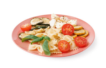 Plate of tasty pasta salad with tomatoes and basil on white background
