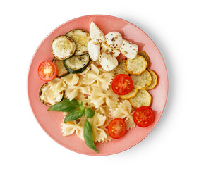 Plate of tasty pasta salad with tomatoes and basil on white background