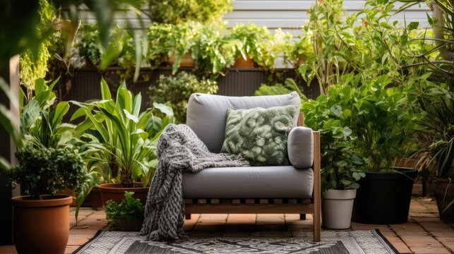 armchair on rug next bench plants