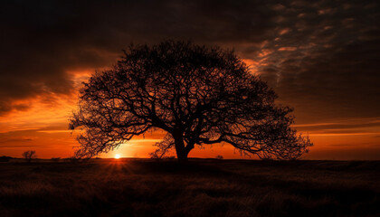 Silhouette of acacia tree against dramatic sky at dusk generated by AI