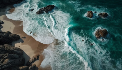 Idyllic seascape: breaking waves, wet sand, and natural beauty generated by AI