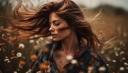 Fotobehang Young woman with long brown hair enjoys nature freedom and relaxation generated by AI © djvstock