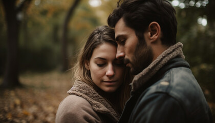 Heterosexual couple in love outdoors, young adults embracing in autumn forest generated by AI