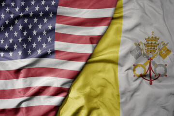 Obraz premium big waving colorful flag of united states of america and national flag of vatican city .