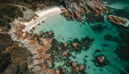 Aerial view of idyllic tropical coastline, with transparent blue water generated by AI