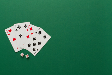 Playing cards on color background, top view. Gambling concept