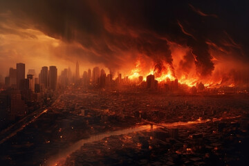 vast skyline with tall buildings being consumed by fire.