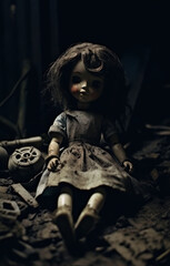 doll on a pile of trash. abandoned and haunted. 