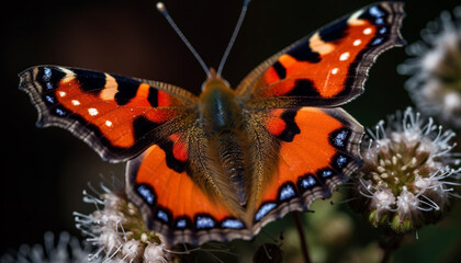 Vibrant beauty in nature: spotted butterfly pollinates yellow flower outdoors generated by AI