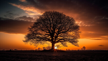Silhouette tree back lit by sunset, tranquil rural scene beauty generated by AI