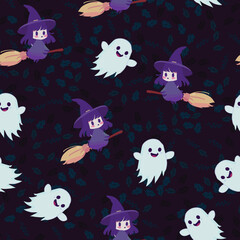 Cute Halloween seamles pattern with various horor and spooky element for fabric design, background, template, layout, print paper.