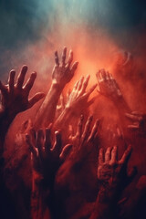 several people in the purgatory reaching up for help. red mist. red fog. red smoke.