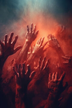 several people in the purgatory reaching up for help. red mist. red fog. red smoke.
