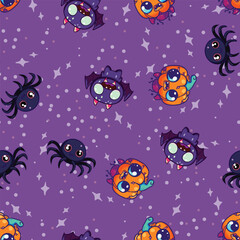 Cute Halloween seamles pattern with various horor and spooky element for fabric design, background, template, layout, print paper.