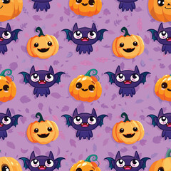 Obraz premium Cute Halloween seamles pattern with various horor and spooky element for fabric design, background, template, layout, print paper.