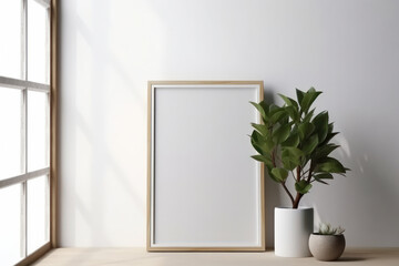 A naturalistic living room decor featuring a wooden table with a potted plant and a mockup picture frame, showcasing the beauty of organic materials. This composition is AI Generative.