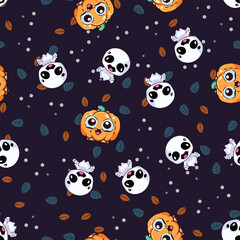 Cute Halloween seamles pattern with various horor and spooky element for fabric design, background, template, layout, print paper.