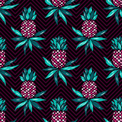 Colorful Pineapples Seamless Pattern. Floral Background with Pineapple Tropical Fruit and Leaves. Vector graphics