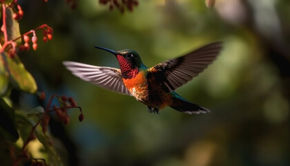 Fototapeta premium Multi colored hummingbird hovers mid air, spreading iridescent wings for pollination generated by AI