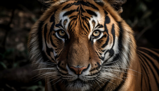 Bengal tiger staring, majestic beauty in nature, wildcat aggression generated by AI