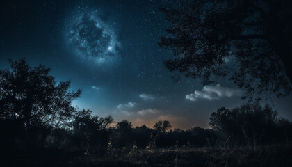 Fototapeta premium Silhouette of spooky tree against milky way star field mystery generated by AI