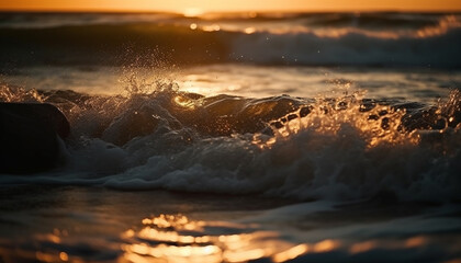 Fototapeta premium Tranquil seascape at dusk: waves breaking on golden coastline generated by AI