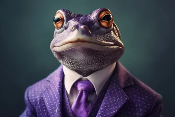 Foto op Plexiglas Anthropomorphic frog dressed in a suit like a businessman. Business Concept. AI generated, human enhanced © top images