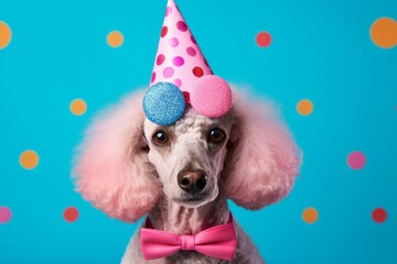 Cute dog in a birthday hat. Pet birthday concept. AI generated, human enhanced