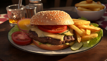 Grilled beef burger with cheese, fries, and fresh vegetables on plate generated by AI